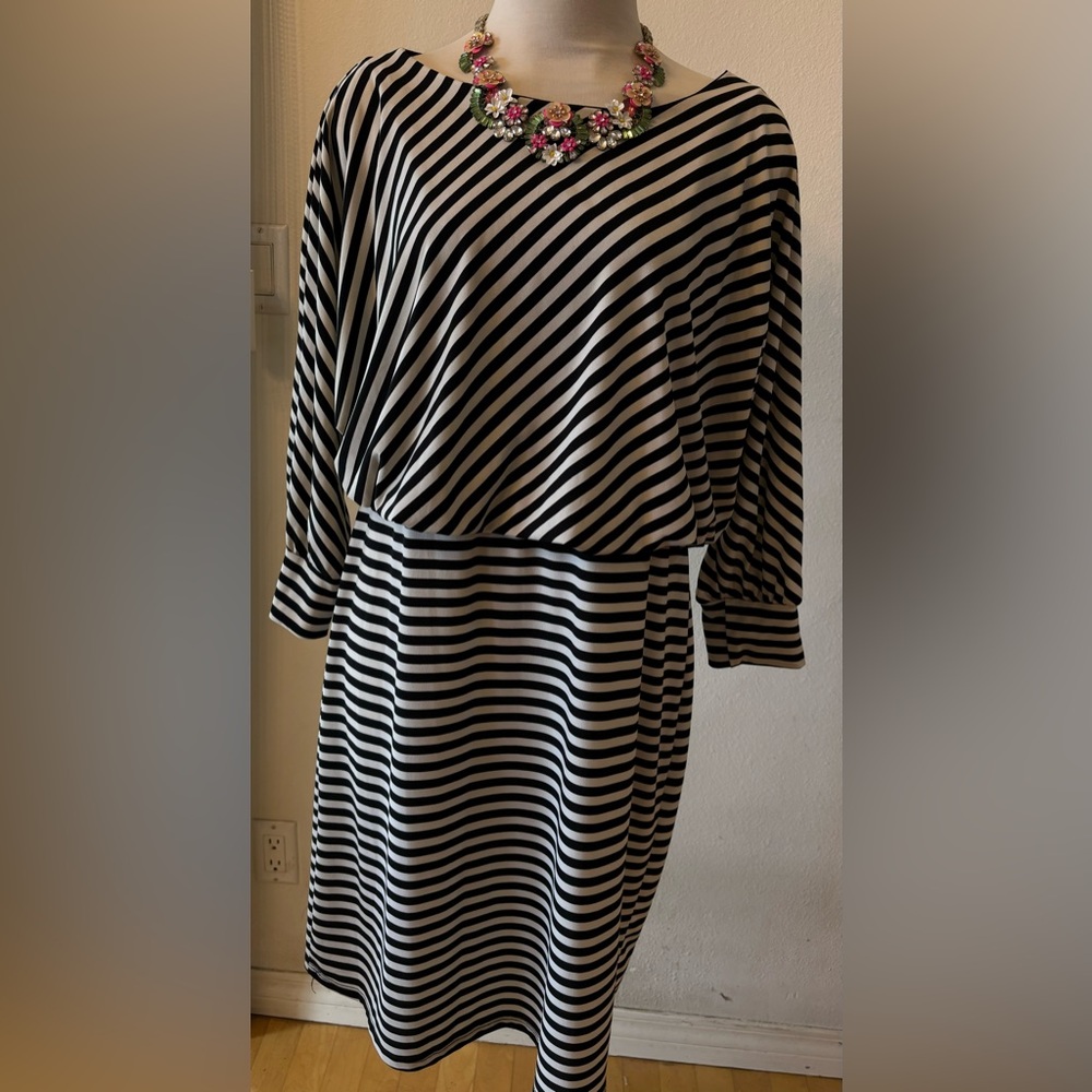 HAANI Career Dress with Black and White Asymmetrical Pattern